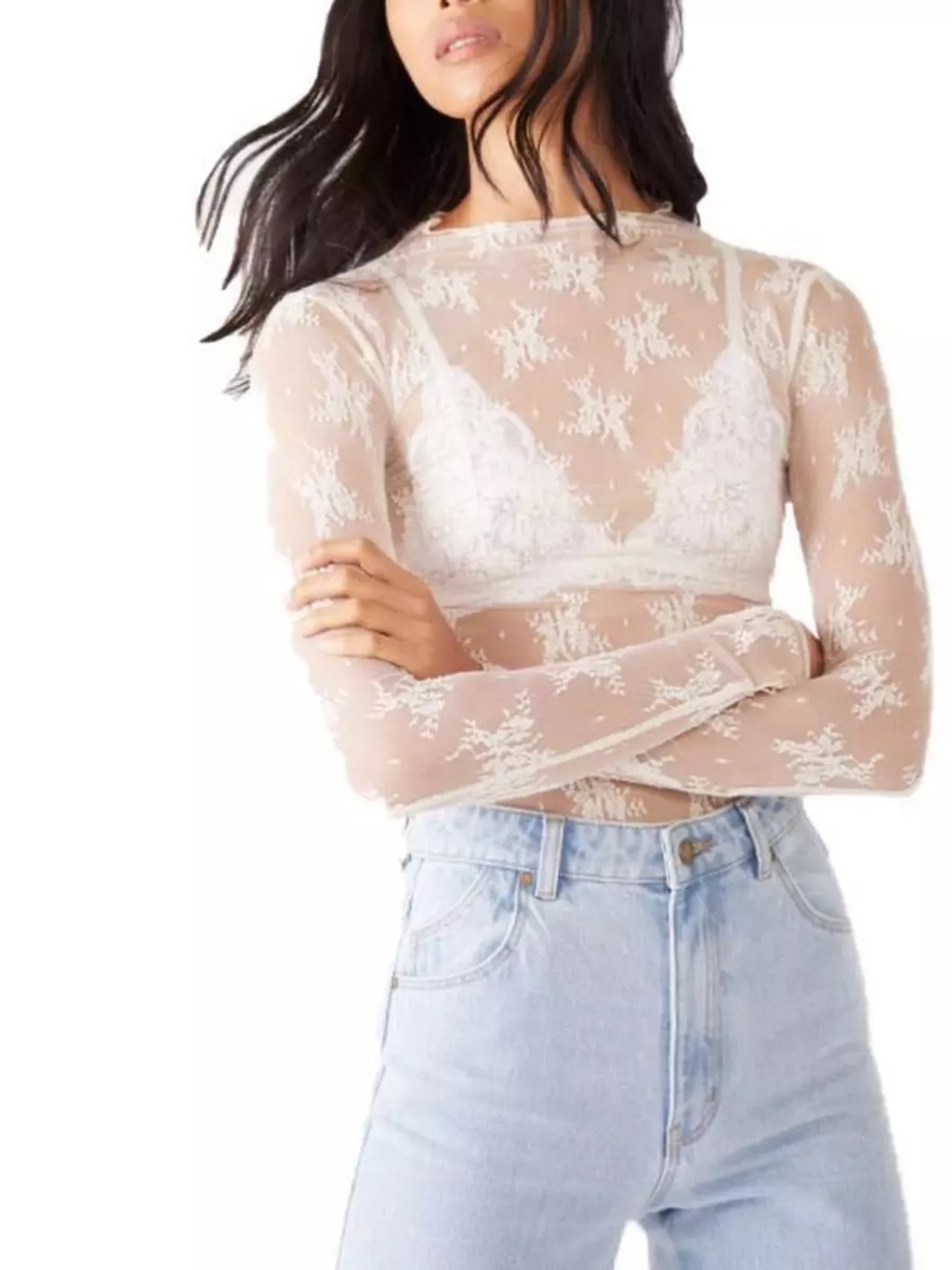 Sheer Long-Sleeve Floral Lace Top in Ivory - Picture 6 of 12
